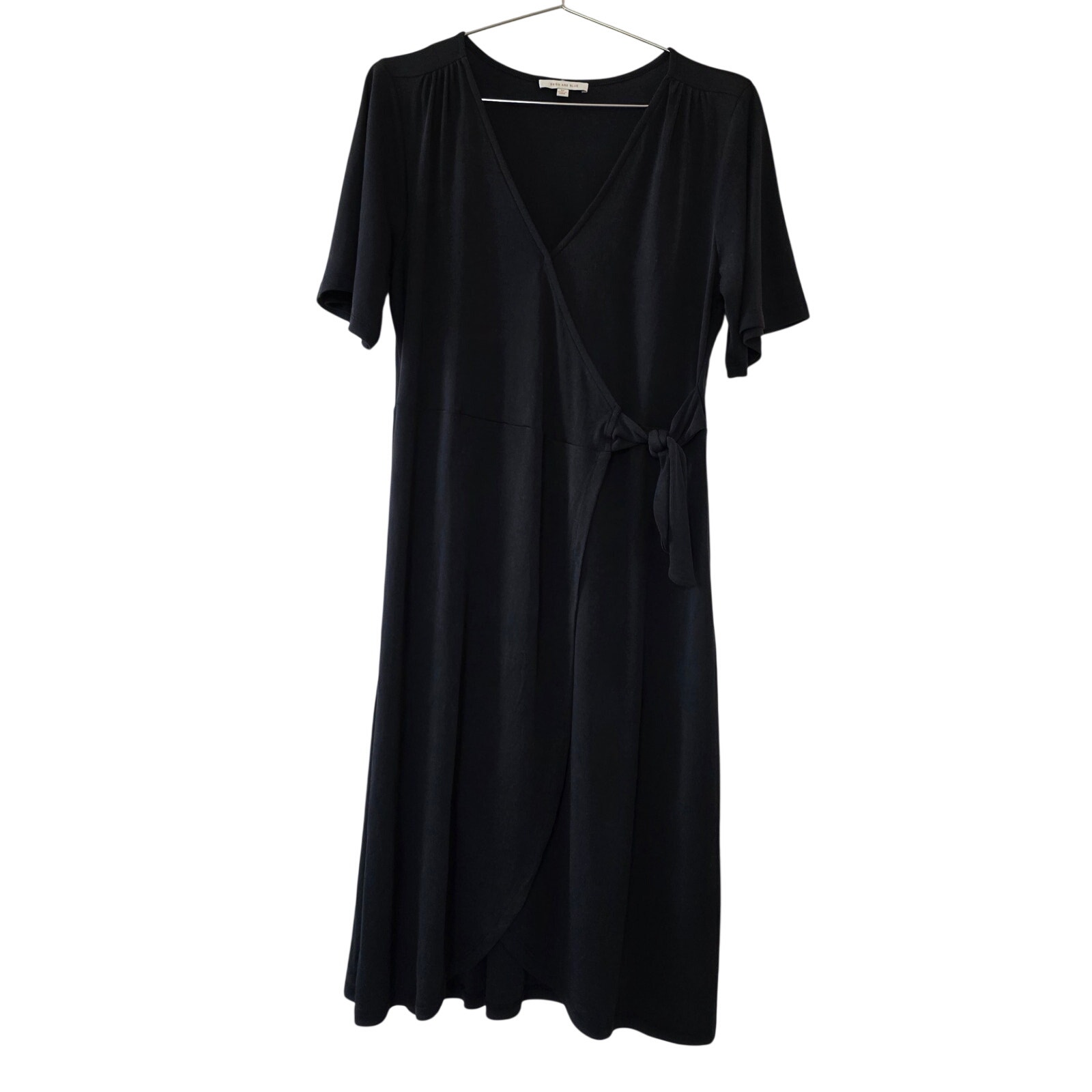 Skies Are Blue Black Faux Wrap Midi Dress Tie Waist Short Flutter Sleeve Size M